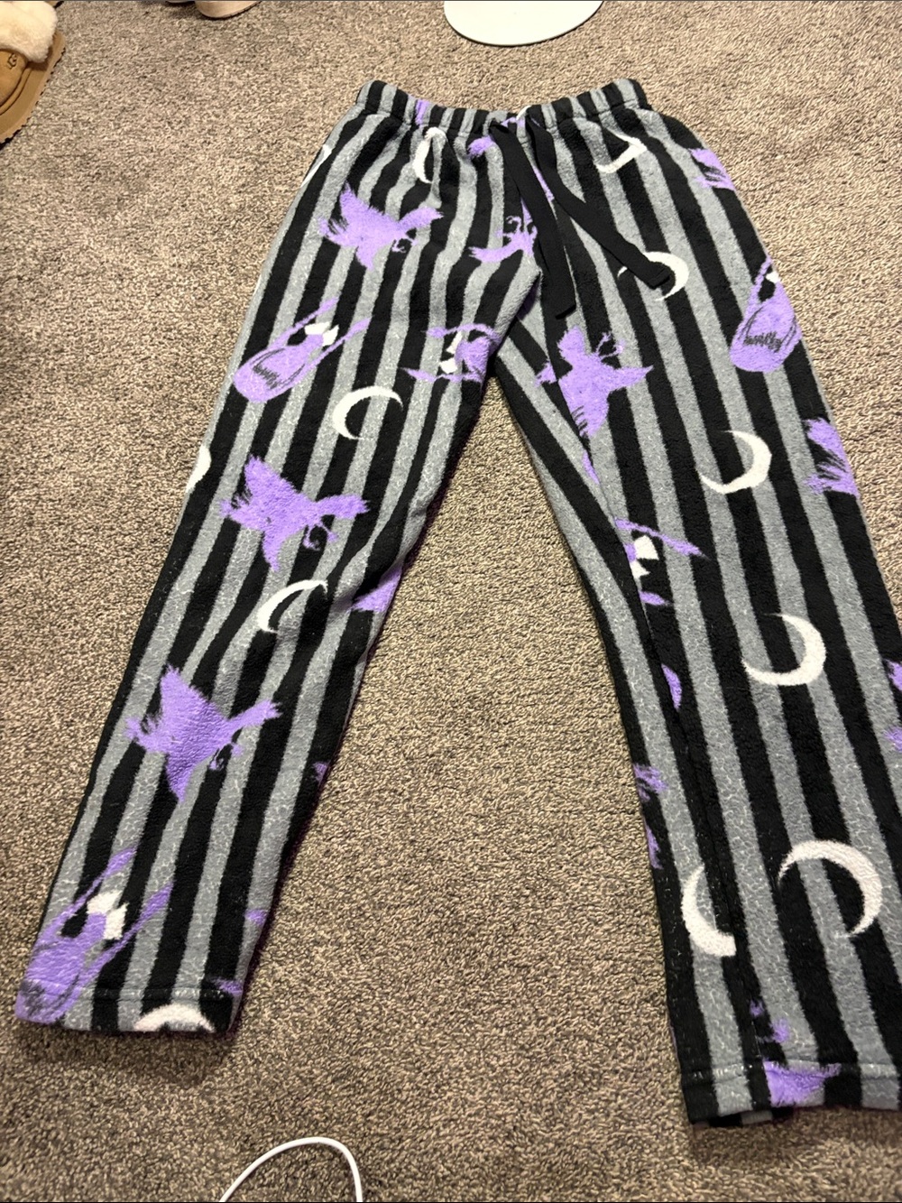 Kids Black & Gray Stripe Fleece Pants with Purple Moon Print